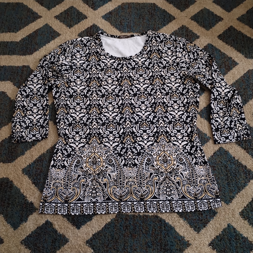 J. McLaughlin Black Gold Print Catalina Cloth 3/4 Sleeve Signature Tee Size L